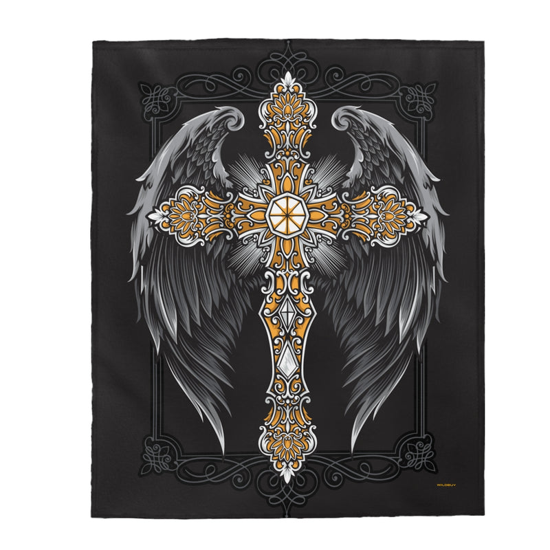 Gothic Cross Blanket, Velveteen Plush Blanket, Free Shipping, Two Sizes, Throw Blanket, Extra Soft, Christian Blanket, Angel Wings Blanket