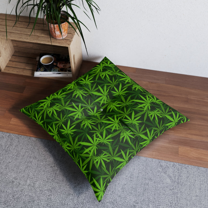 Weed Leaves Tufted Floor Pillow, Square, Floor Cushion, Meditation Pillow, Lounge Pillow