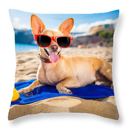 Dog On Beach Blanket - Throw Pillow