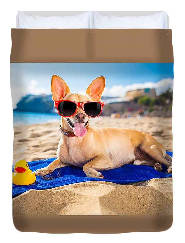 Dog On Beach Blanket - Duvet Cover