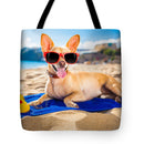Dog On Beach Blanket - Tote Bag
