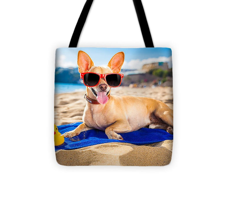 Dog On Beach Blanket - Tote Bag