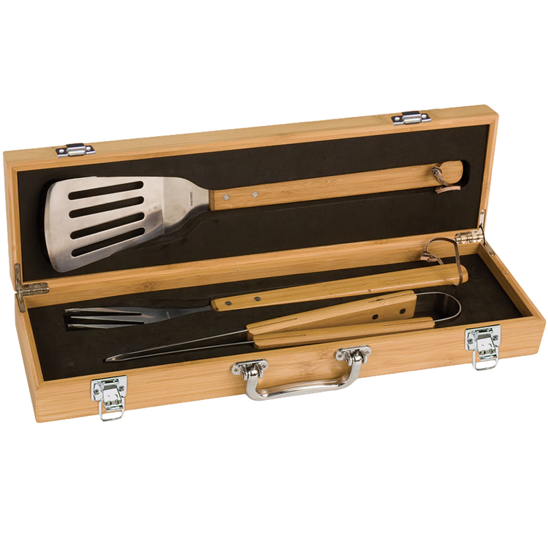 BBQ 3-Piece Tool Set in Wooden Bamboo Case {Laser Etched No Colored Art}